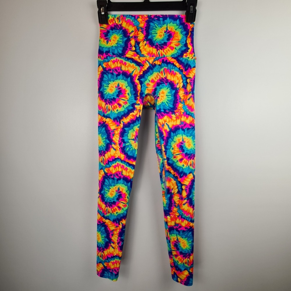K-Deer Tie Dye Sneaker Length High Rise Leggings Small Neon Bright‎ Colorful